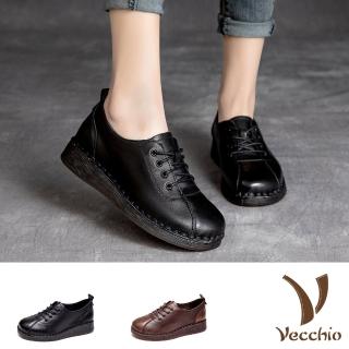 【Vecchio】真皮休閒鞋 坡跟休閒鞋/全真皮頭層牛皮復古拼接綁帶坡跟休閒鞋(2色任選)