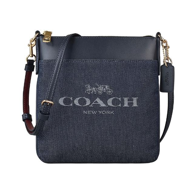 【COACH】COACH專櫃款KITT藍字刺繡LOGO緹花帆布拼接牛皮拉鍊斜背包(丹寧藍)