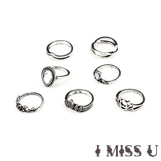 【I MISS U】復古縷空雕花大寶石蓮花造型關節戒7件戒指套組(銀)