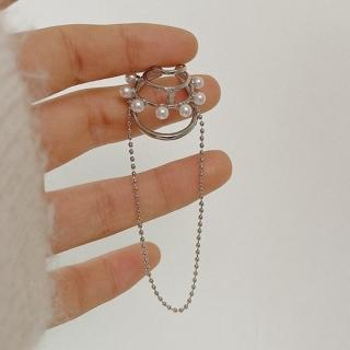 【Oni 歐妮】多層幾何珍珠流蘇 不對稱耳骨夾式耳環無耳洞耳扣(1個入)