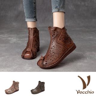 【Vecchio】真皮短靴 縷空短靴/全真皮頭層牛皮縷空花朵圖樣復古縫線造型短靴(3色任選)