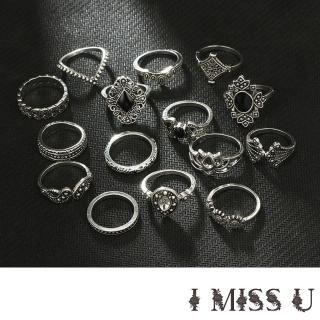 【I MISS U】復古民族風黑色滴釉寶石圖騰元素關節戒15件戒指套組