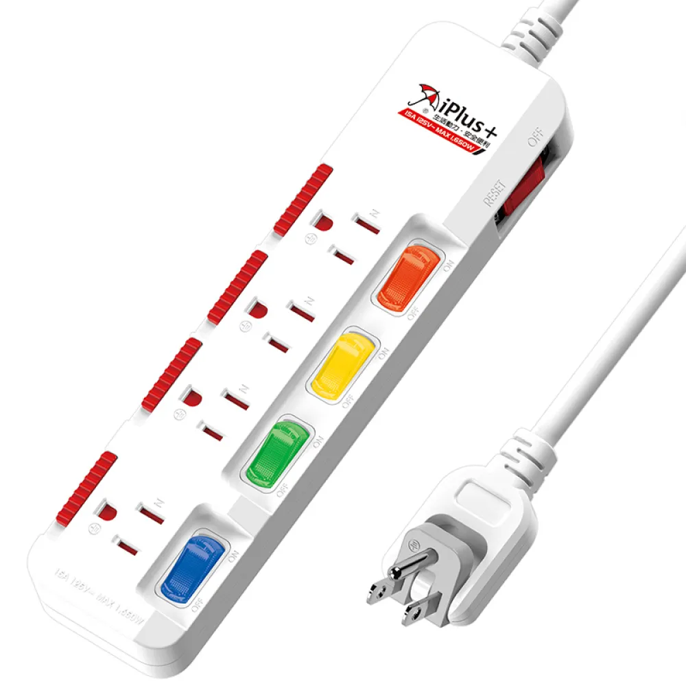 【iPlus+ 保護傘】5開4插防火防塵抗雷擊扁插延長線2.7m(PU-3543S)