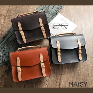 【MAISY】復古植鞣皮拼接劍橋郵差包(現+預 棕色 / 黑色 / 咖啡色)