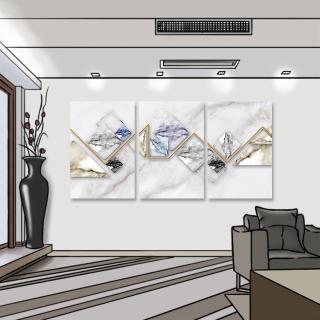 【24mama 掛畫】三聯式 油畫布 金色 磁磚 時尚 灰色 抽象 無框畫-40x60cm(幾何大理石)