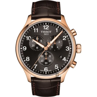 【TISSOT 天梭】韻馳系列 Chrono XL三眼計時手錶-灰x玫塊金框/45mm 送行動電源 畢業禮物(T1166173605701)