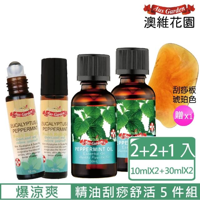 【Ausgarden 澳維花園】爆涼爽薄荷精油刮痧舒活5件組(薄荷精油30mlX2+薄荷尤加利滾珠精油10mlX2+刮痧板)