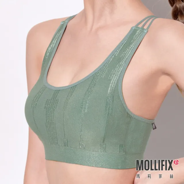 【Mollifix 瑪莉菲絲】A++ 微光三弦美背浮托BRA、瑜珈服、無鋼圈、運動內衣(青木綠)