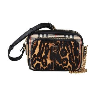 【BURBERRY 巴寶莉】BURBERRY VINTAGE TB金屬豹紋造型帆布拉鍊斜揹包(米x黑)