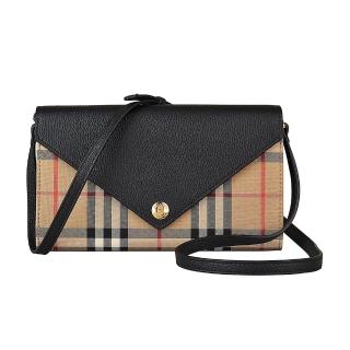 【BURBERRY 巴寶莉】Burberry VINTAGE 金字壓印LOGO格紋帆布皮革12卡斜背扣式長夾(米x黑)