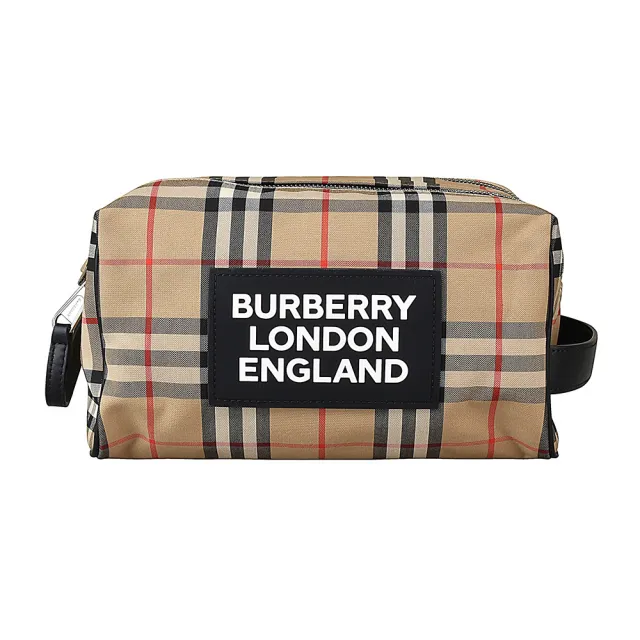 【BURBERRY 巴寶莉】Appliqu☆ Vintage尼龍雙拉鍊手提收納旅行包(米)