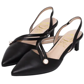 【Ann’S】法式珍珠-顯瘦曲線綿羊皮拉帶尖頭跟鞋5cm-版型偏大(黑)