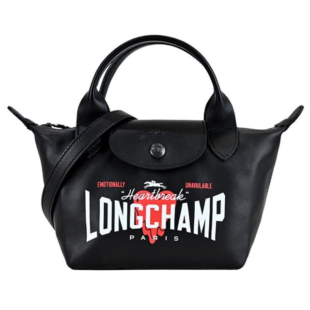 【LONGCHAMP】EU王者聯名LE PLIAGE CUIR系列小羊皮短把手提/斜背兩用包(迷你/黑)