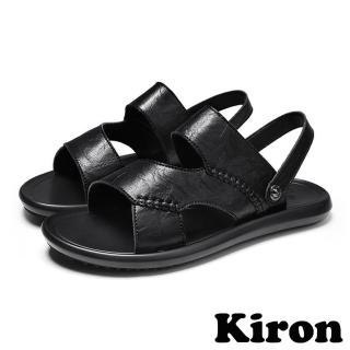 【Kiron】平底涼鞋 兩穿涼鞋/兩穿法個性抓紋皮革復古平底涼拖鞋-男鞋(黑)