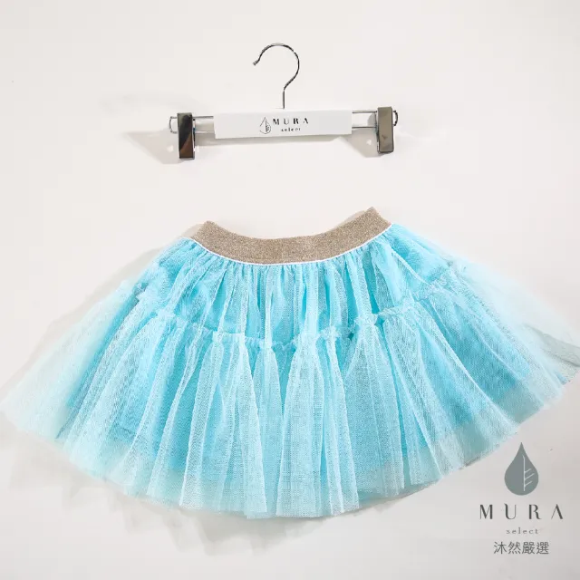 【Mura select 沐然嚴選】套組:Elsa 藍紗裙+金箔杏蝴蝶結髮夾(輕鬆搭配:女童短裙+髮飾)