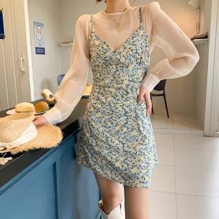 【BBHONEY】韓妞必備碎花吊帶裙+襯衫兩件套(網美必備款)