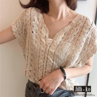 【JILLI-KO】鏤空編織荷葉邊短款無袖上衣-F(杏/白)
