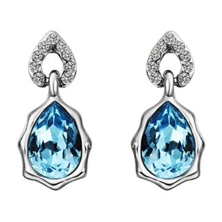 【Aphrodite 愛芙晶鑽】海藍寶石水晶鑲鑽造型水鑽耳環(白金色)