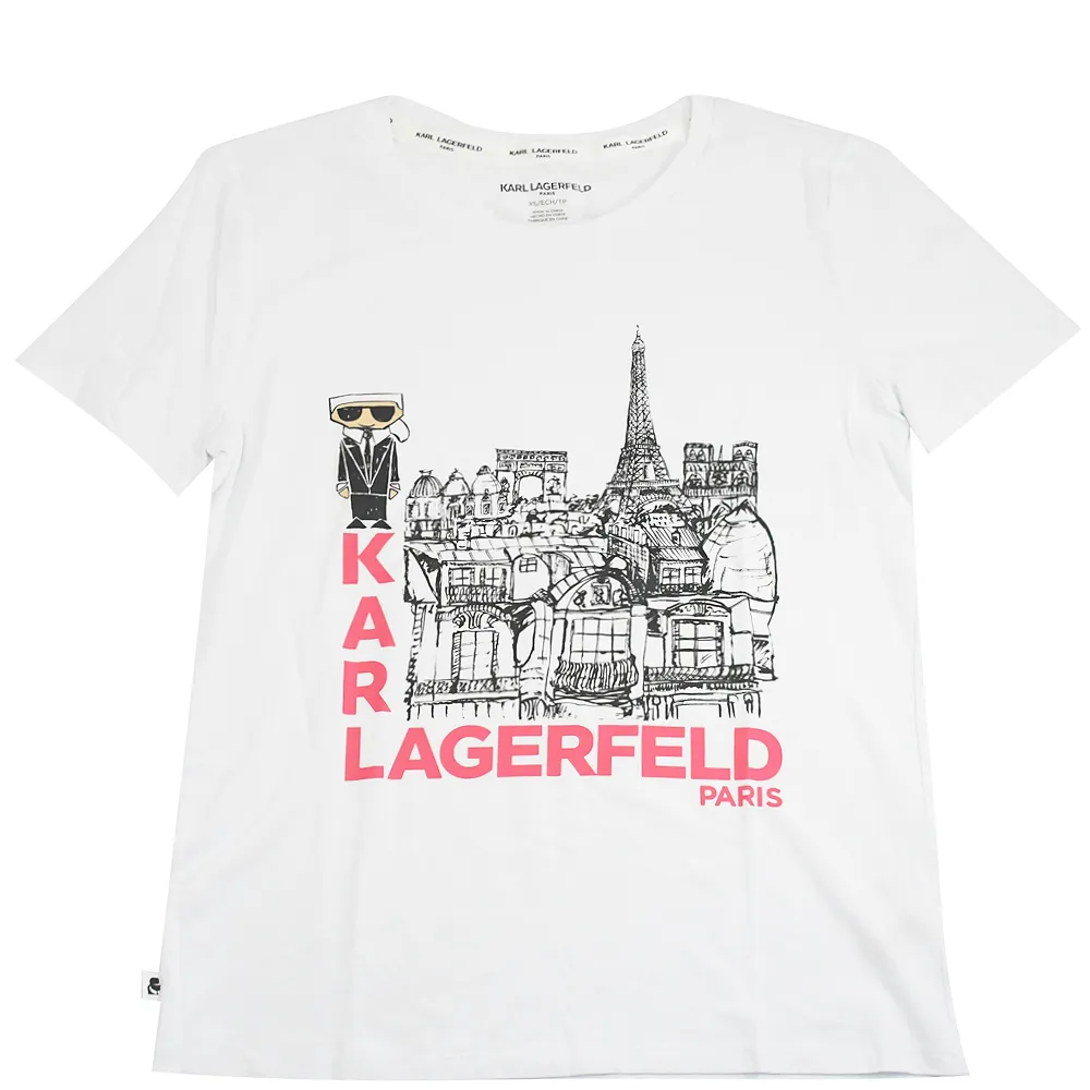 【KARL LAGERFELD 卡爾】老佛爺 巴黎公仔圖案個性棉短T(白)