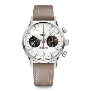 【TITONI 梅花錶】傳承系列 X Cafe Racer 雙眼計時機械錶 熊貓錶-銀面皮帶/41mm(94020 S-ST-680)