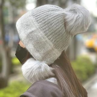 【Acorn 橡果】甜美雙色大毛球保暖毛帽遮陽帽兔毛套頭帽(灰色)
