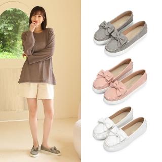 【FUFA Shoes 富發牌】甜美蝶結莫卡辛休閒鞋-白/灰/粉 1BC56(女鞋/女懶人鞋/娃娃鞋/小白鞋)