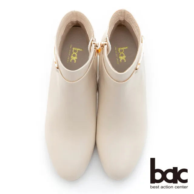 【bac】腳踝飾釦金屬拼接粗跟短靴(白)