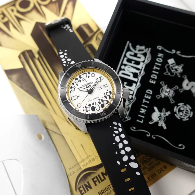【SEIKO 精工】限量款 5 Sports 機械錶 One Piece 航海王 羅 矽膠手錶 黑白色 42mm(4R36-11Y0S.SRPH63K1)