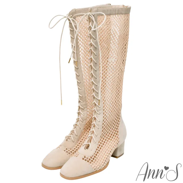 【Ann’S】狩獵風格-異材質拼接絨質網狀綁帶長靴5cm(杏)