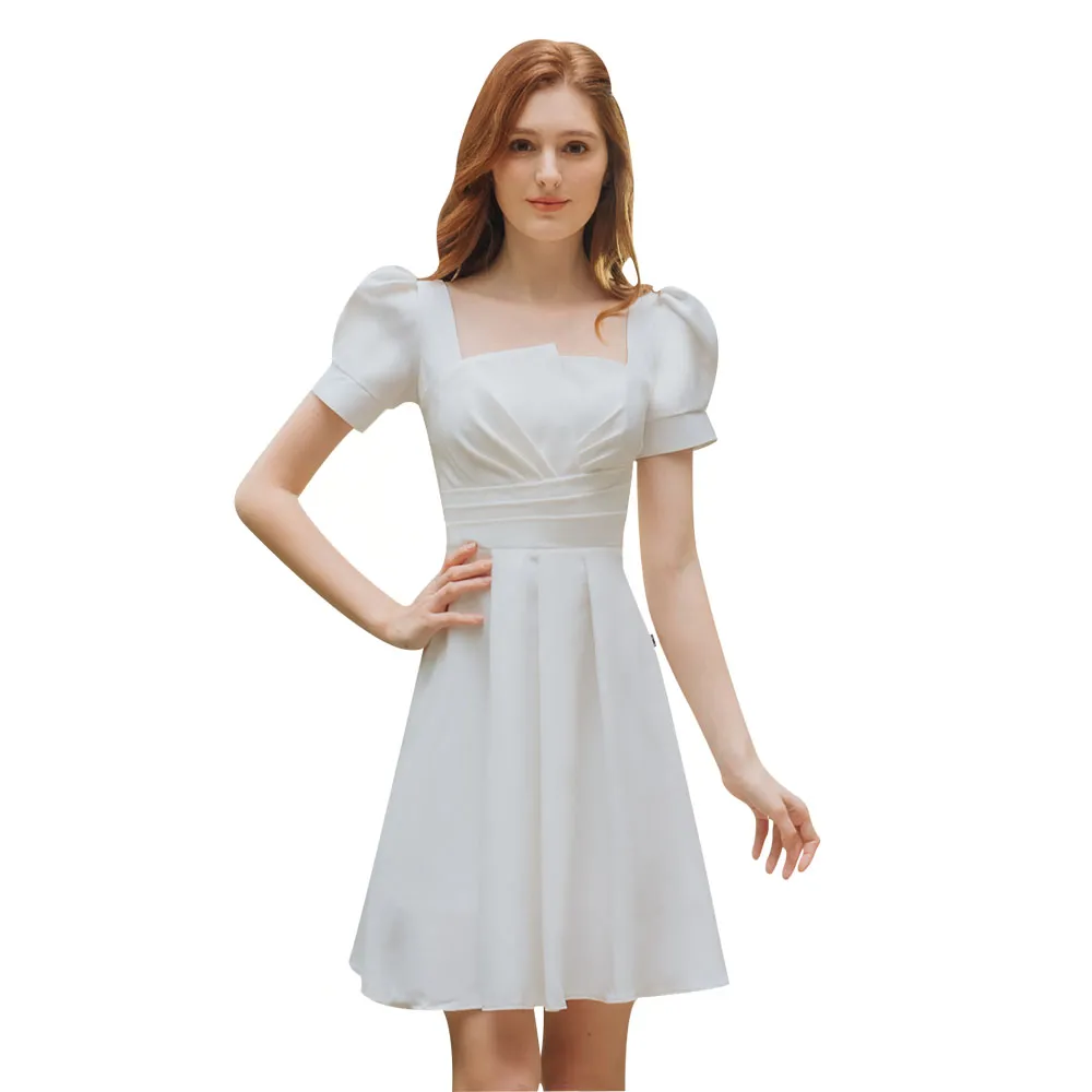 【OMUSES】方領壓褶訂製款白色短禮服18-2111(S-3L)