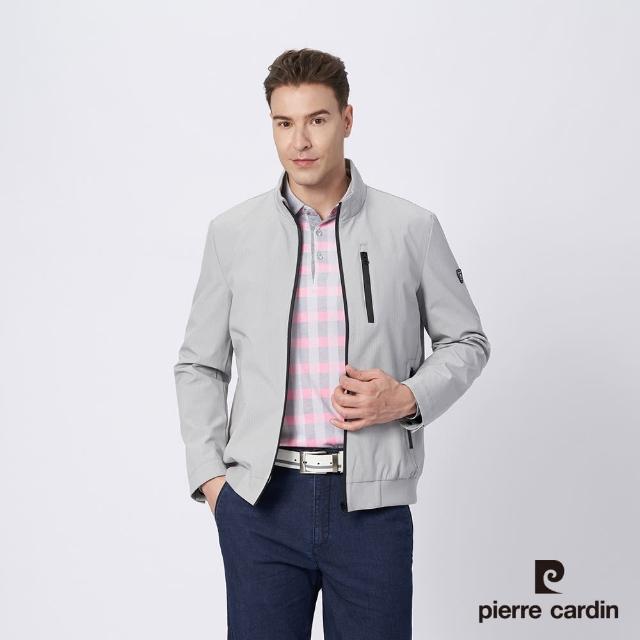 【pierre cardin 皮爾卡登】商務休閒 男款 時尚印條休閒立領薄夾克外套-灰色(5215661-95)