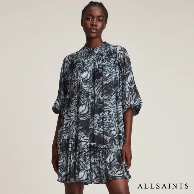 【ALLSAINTS】ARILA GRIZEDALE 輕薄動物紋印花人造絲連身裙短洋裝-灰 WD026V(舒適版型)