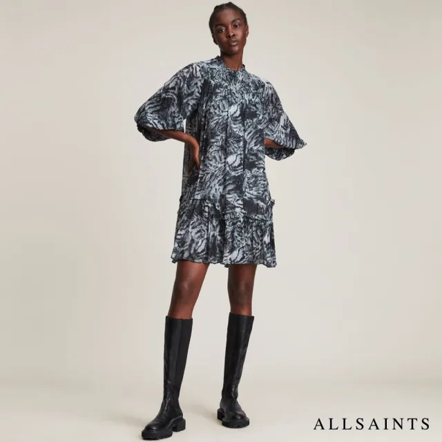 【ALLSAINTS】ARILA GRIZEDALE 輕薄動物紋印花人造絲連身裙短洋裝-灰(舒適版型)