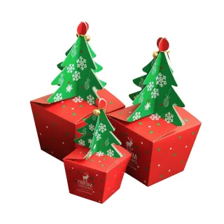 【Time Leisure 品閒】聖誕包裝盒/立體聖誕樹禮物烘焙方盒/贈鈴鐺 4入組