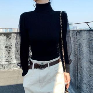 【Paiya 派亞】高領毛衣女秋冬蕾絲網紗高檔針織打底衫女上衣(均碼S-XL可穿)