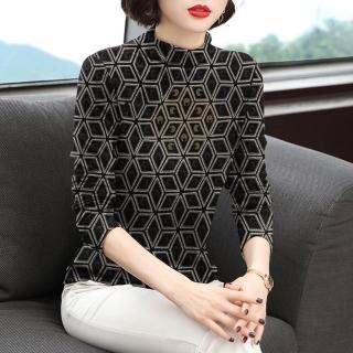 【Paiya 派亞】中年大碼媽媽裝燙鑽半高領長袖氣質通勤幾何印花修身版型套頭上衣(百搭洋氣減齡)