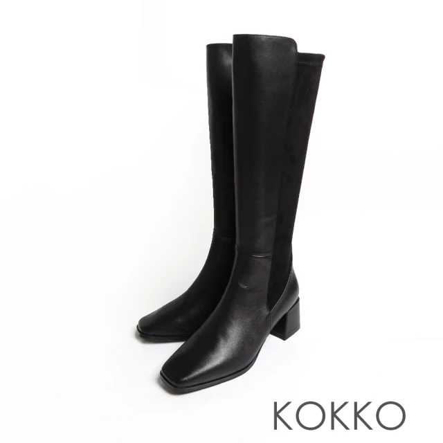 【KOKKO 集團】超平頭纖細長腿拼接真皮粗跟長靴(霧面黑)