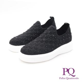【PQ】女 方格飛織點點閃鑽厚底套腳休閒鞋(黑)