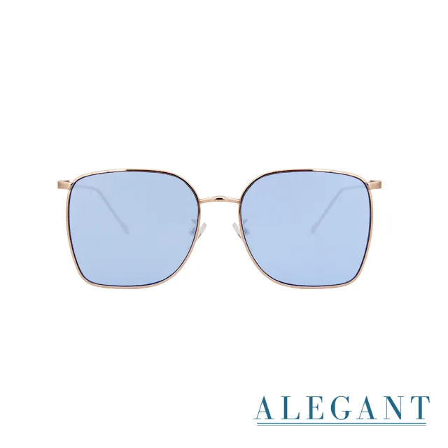 【ALEGANT】時尚格調天青藍幾何線條金色方框墨鏡/UV400太陽眼鏡(半月灣的水清沙幼)