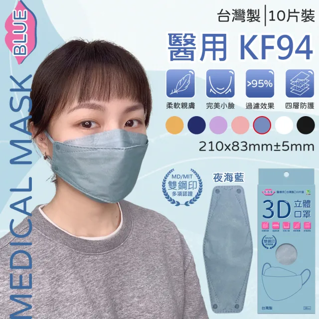 【旺昌】KF94立體醫用四層口罩未滅菌 單片包-10片/盒  7色任選(立體口罩 KF94 4D 3D立體)