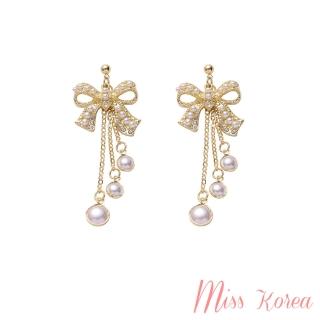 【MISS KOREA】韓國設計S925銀針華麗唯美珍珠水鑽蝴蝶結流蘇墜造型耳環(S925銀針耳環 珍珠耳環 水鑽耳環)