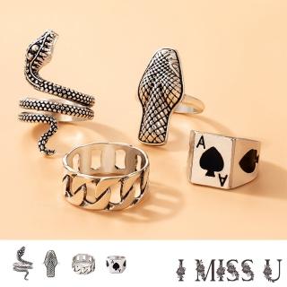 【I MISS U】趣味樸克蛇頭幾何圖形元素4件戒指套組(樸克戒指 幾何戒指 圖形戒指)