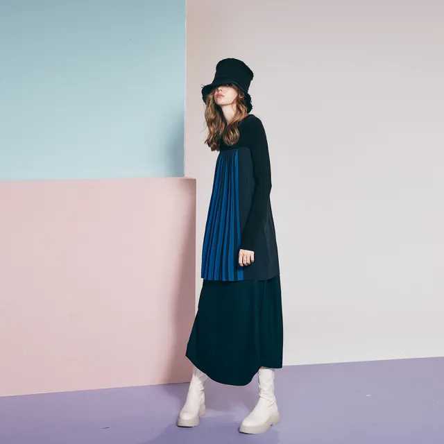 【ICHE 衣哲】Cop.Copine 法國原裝進口造型落肩洋裝-知識黑與藍