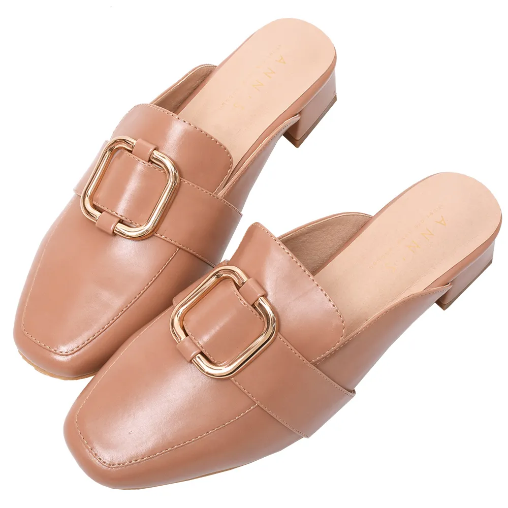 【Ann’S】生活常態-正方扣粗跟方頭穆勒鞋3cm-版型偏小(粉棕)