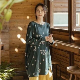 【MOSS CLUB】潑墨點交叉重疊設計-女長袖洋裝 印花洋裝 藍 綠 咖(三色/版型適中)