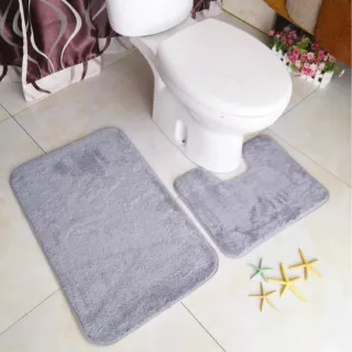 【JEN】簡約素色毛絨浴室吸水防滑墊腳馬桶地墊2件組50*80+50*40cm-灰色