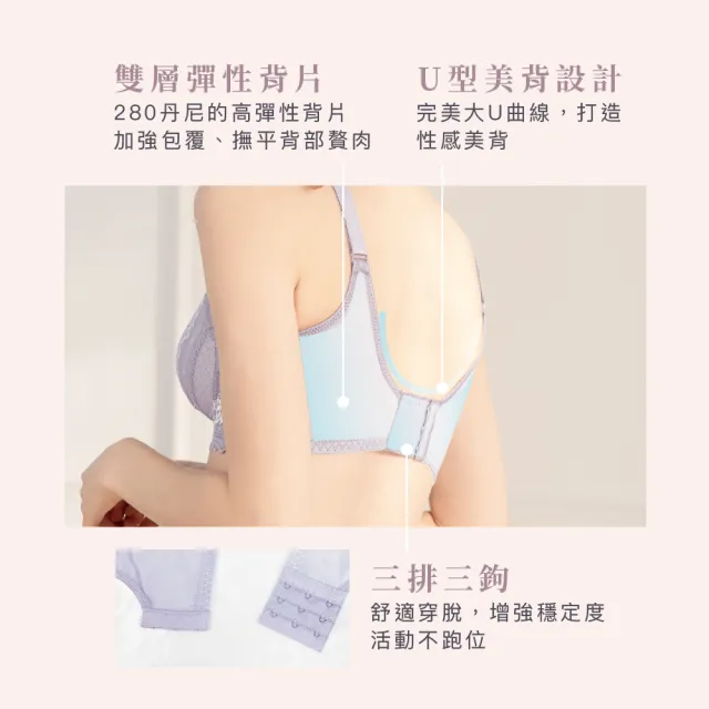 【Clany 可蘭霓】台灣製 蕾絲軟鋼圈機能集中包覆透氣BCD罩杯調整型性感內衣(甜戀紫 6987-91)