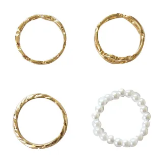【MISS KOREA】鍊飾戒指 珍珠戒指/韓國設計時尚幾何鍊飾復古珍珠造型4件戒指套組(2色任選)