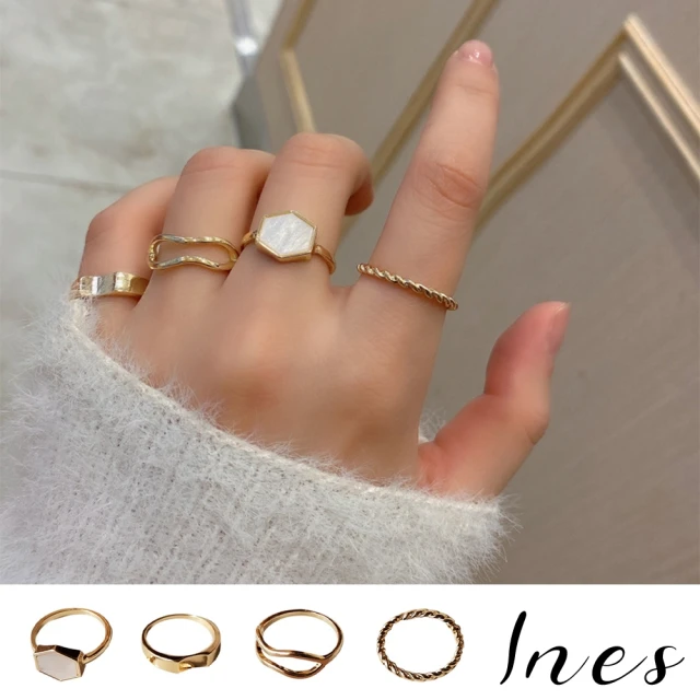 【INES】韓國設計法式復古六角金屬造型戒指4件套組(六角戒指 金屬戒指)