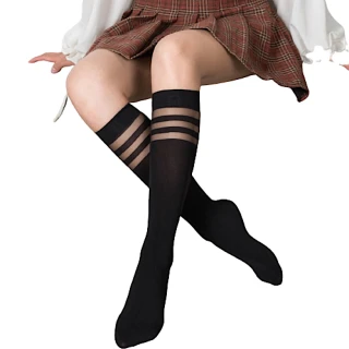【89 zone】日系學院風透明三槓條紋 堆堆襪 中筒襪  小腿襪(黑/白/膚)